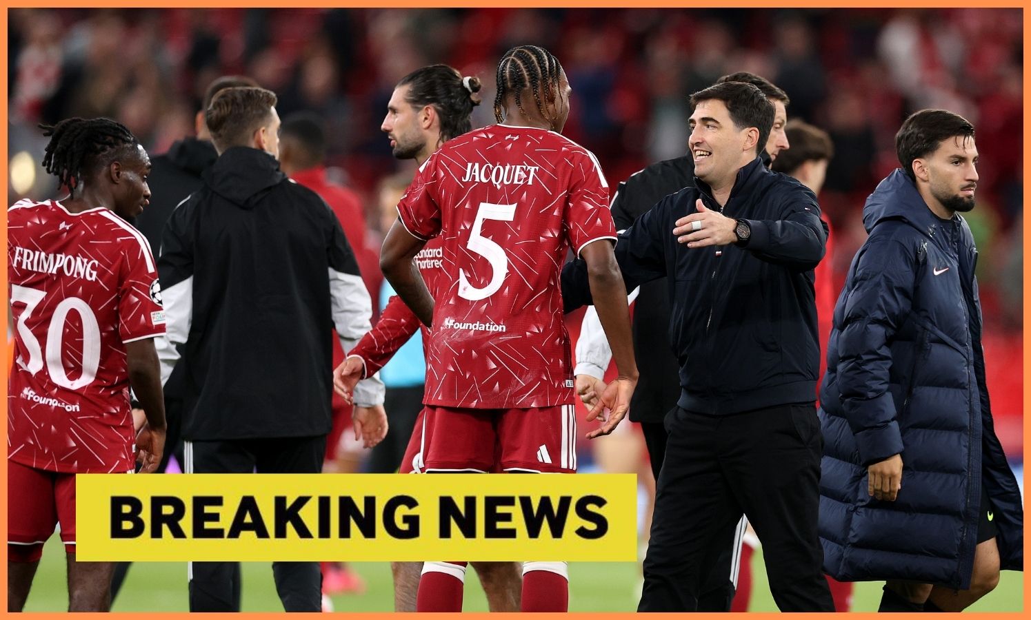 Andoni Iraola with Liverpool's players after the win over Atletico Madrid