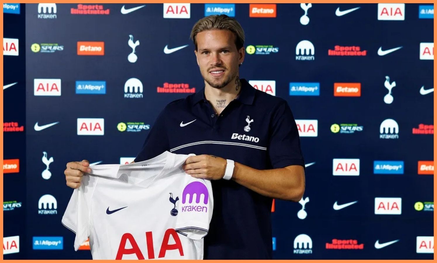 Mykhailo Mudryk posing with his Tottenham shirt
