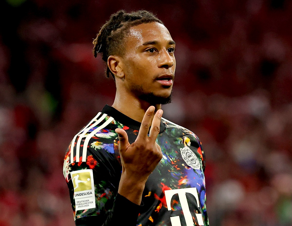 Michael Olise celebrates a goal for Bayern Munich