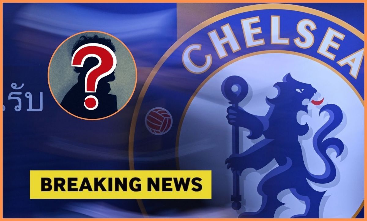 Chelsea FC logo with overlay of mystery player and breaking news