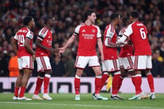 Arsenal players celebrate against Lille
