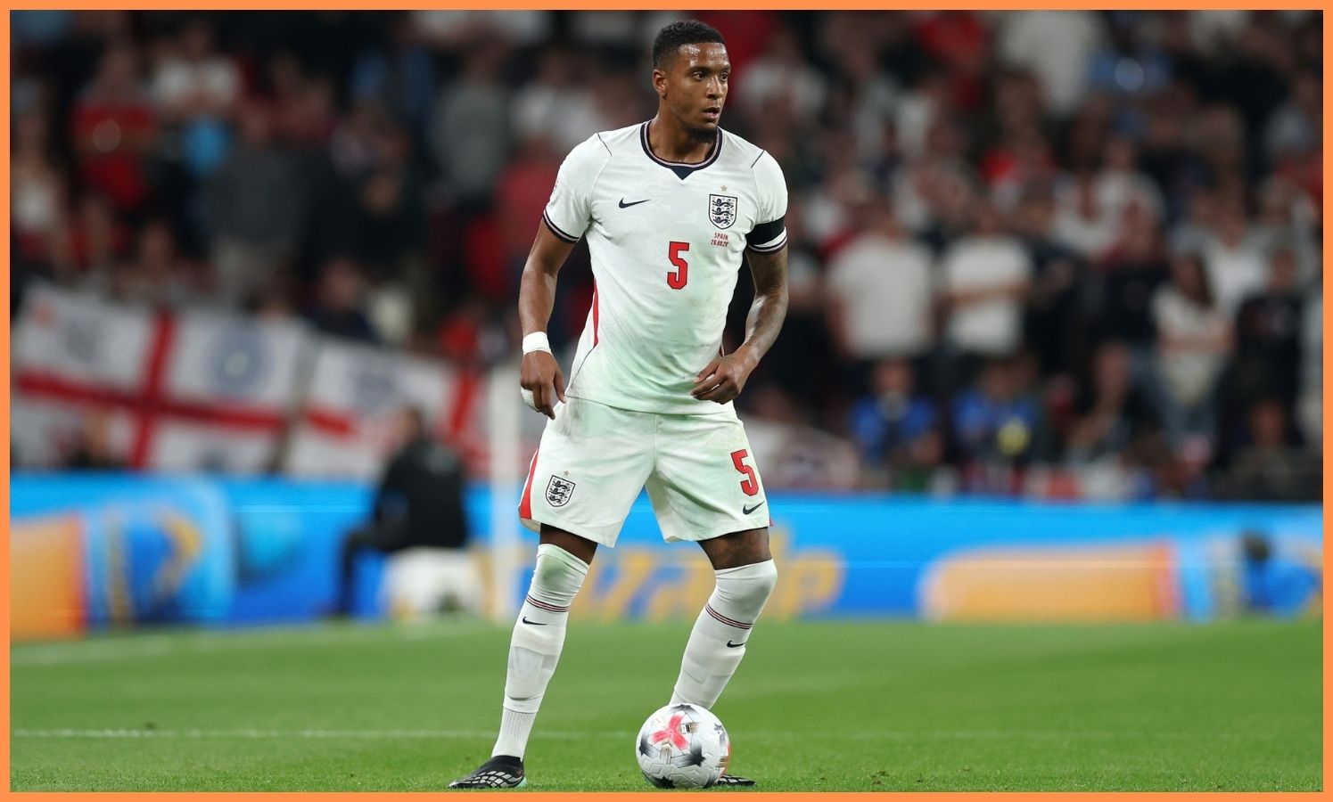 Ezri Konsa on the ball for England home kit.