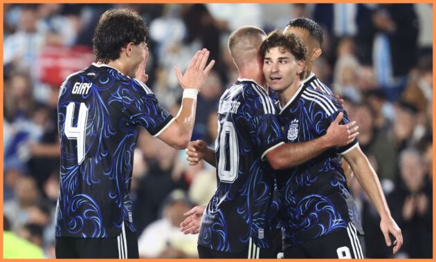 Julian Alvarez celebrates with his Argentina teammates