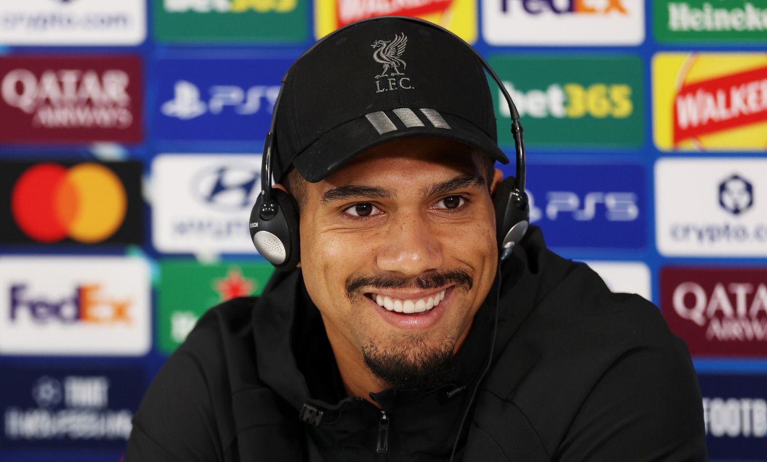LIVERPOOL, ENGLAND - OCTOBER 19: Ronald Araujo of Liverpool speaks to the media during a Liverpool Press Conference at Anfield on October 19, 2026 in Liverpool, England.