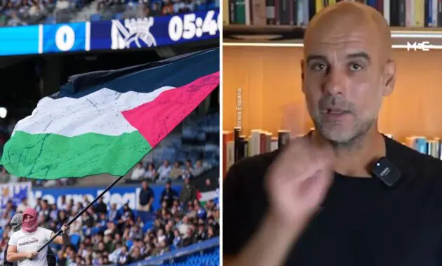 Split image of Palestine flag and Pep Guardiola