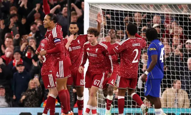 LIVERPOOL, ENGLAND - OCTOBER 28: Cody Gakpo of Liverpool celebrates scoring his team’s first goal with teammates during the Carabao Cup Fourth Round match between Liverpool and Chelsea at Anfield on October 28, 2026 in Liverpool, England.