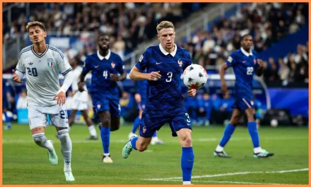 Adrien Truffert playing for France. (Photo by Pauline Figuet/Getty Images)