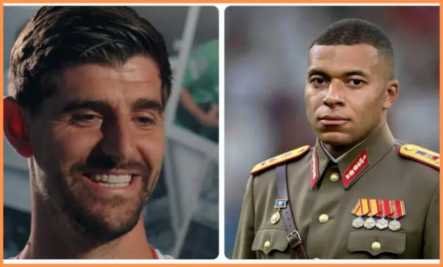 Thibaut Courtois and Kylian Mbappe as a dictator.
