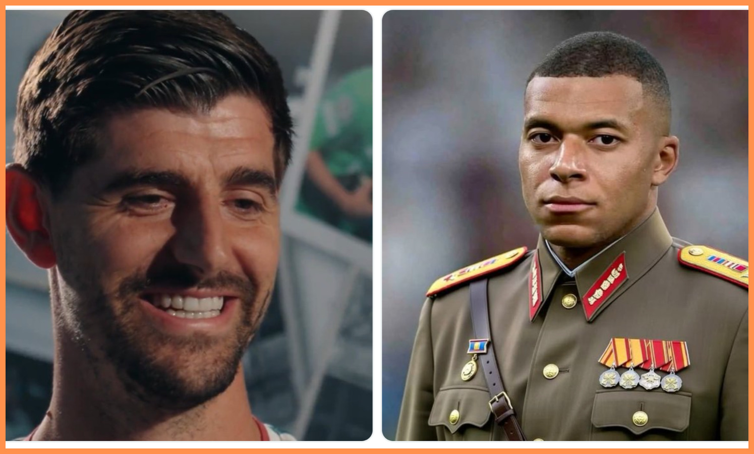 Thibaut Courtois and Kylian Mbappe as a dictator.