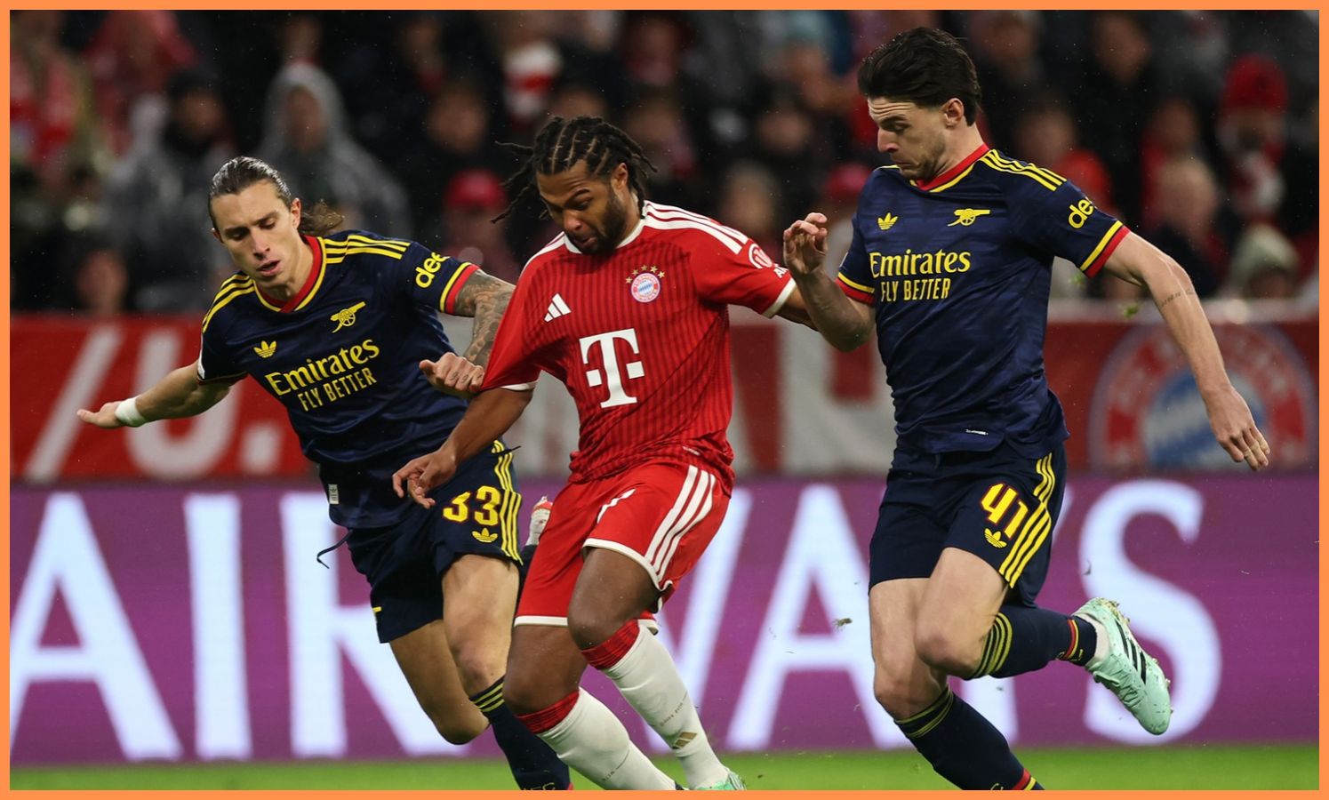Riccardo Calafiori in action for Arsenal against Bayern Munich