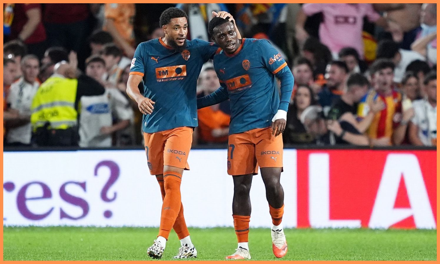 David Otorbi celebrates a goal for Valencia