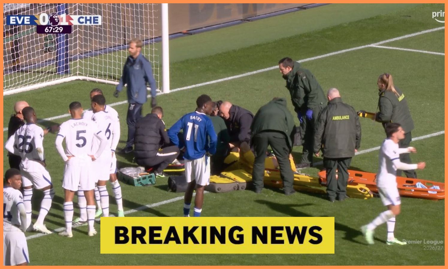 Emiliano Martinez receiving treatment during Everton vs Chelsea