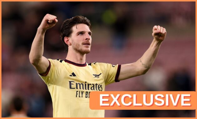 Declan Rice celebrates Arsenal's win at Sunderland