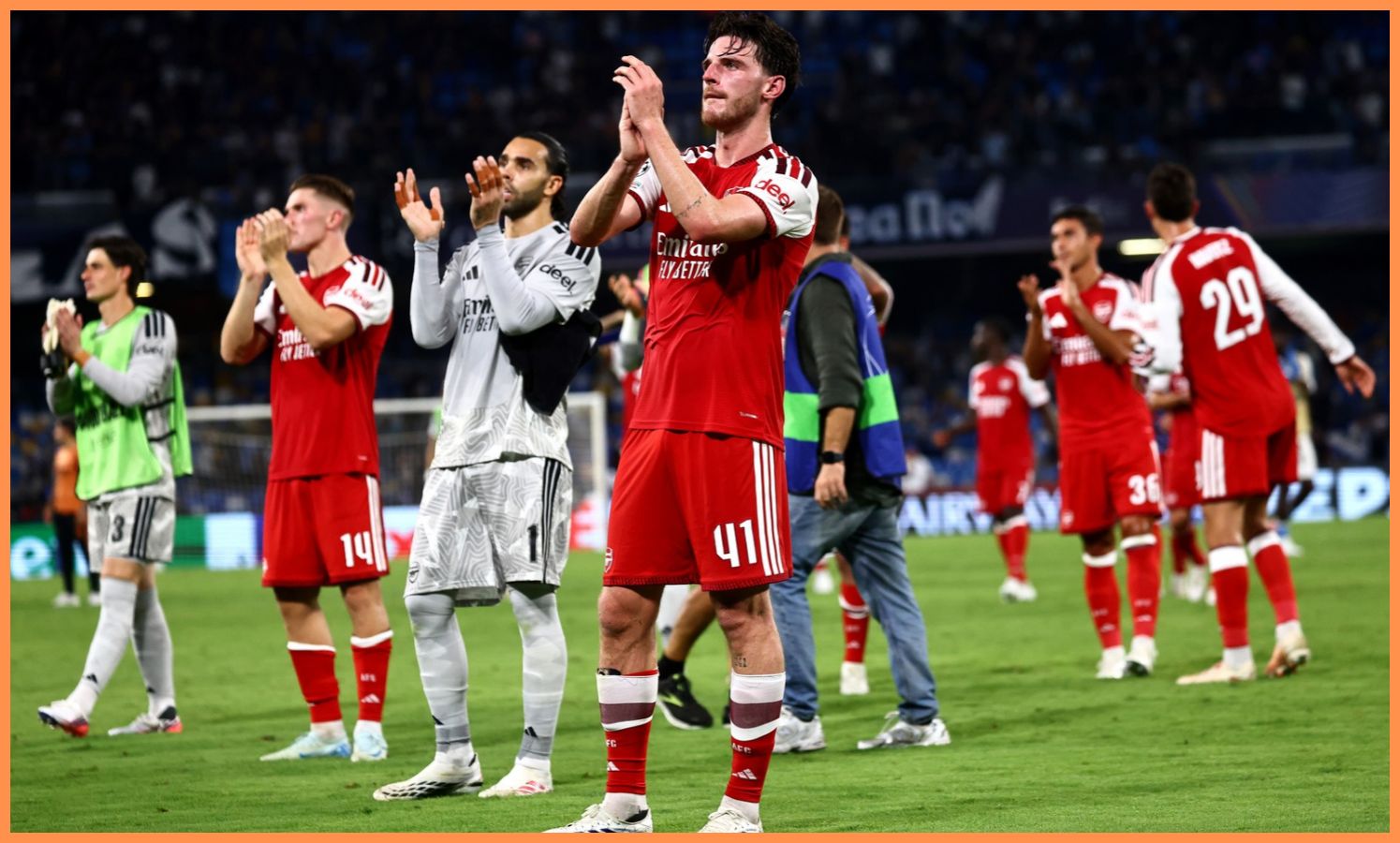 Declan Rice applauds the Arsenal fans