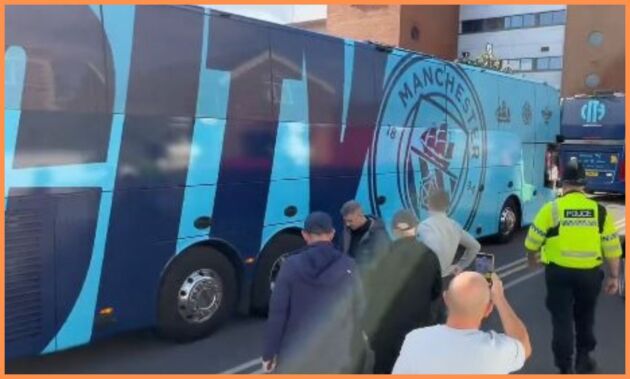 Manchester City team bus arriving at Anfield