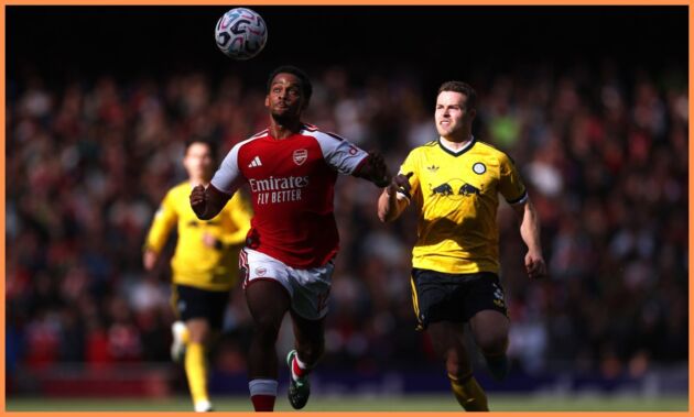 Jurrien Timber in action for Arsenal vs Leeds