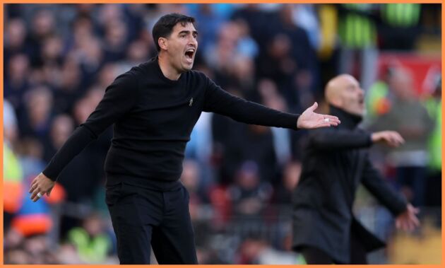 Liverpool manager Andoni Iraola reacts