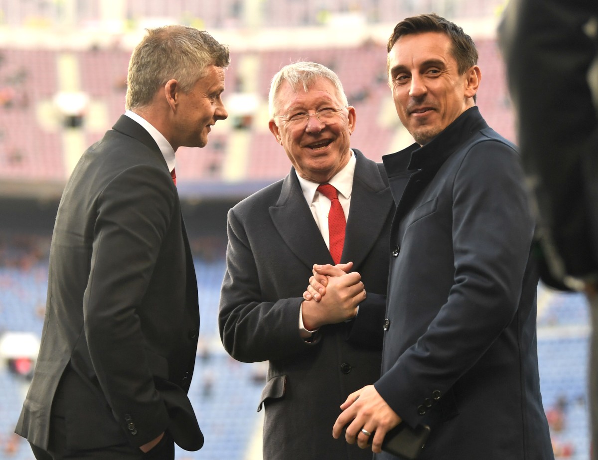 Ole Gunnar Solskjaer, Sir Alex Ferguson, and Gary Neville