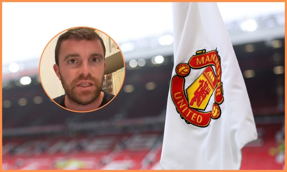 Fabrizio Romano and Manchester United flag at Old Trafford