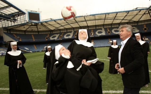 Guus Hiddink and nuns play head tennis at Chelsea FC