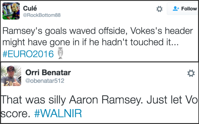Twitter reaction to Aaron Ramsey offside goal