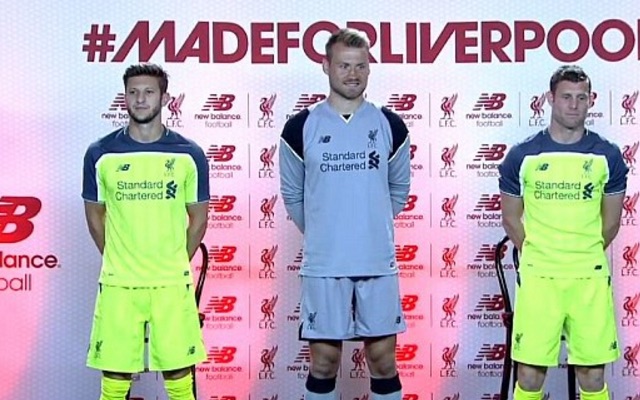 Lime Liverpool kit modelled by Adam Lallana, Simon Mignolet and James Milner
