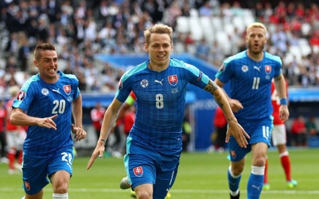 Ondrej Duda celebrates Slovakia goal v Wales