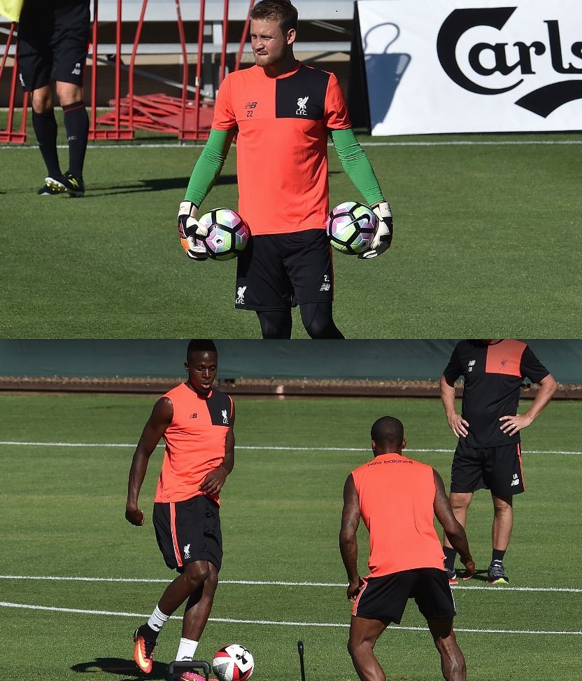 Simon Mignolet and Divock Origi in Liverpool preseason training