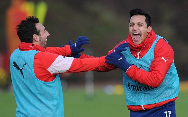 Santi Cazorla and Alexis Sanchez laughing in Arsenal training