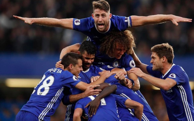 Chelsea team celebration after N'Golo Kante goal v Man Utd