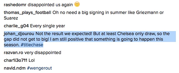 Johan Djourou comment on Arsenal Instagram