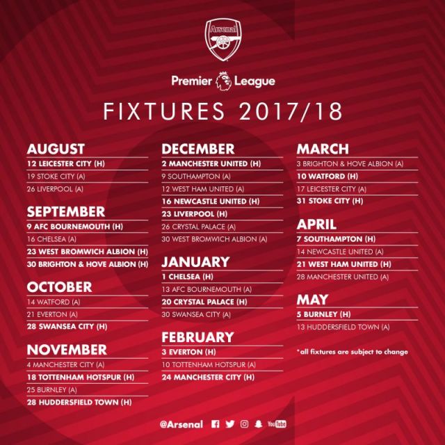 2017-18 Arsenal fixtures released by Premier League