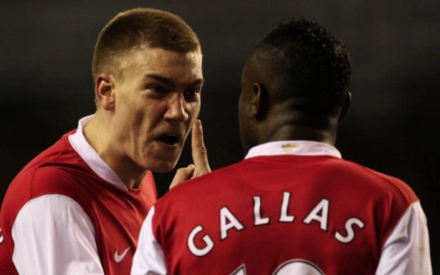 Nicklas Bendtner argues with William Gallas as Arsenal lost at Spurs