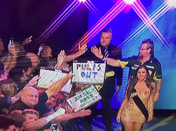A Pulis Out banner was spotted at the Grand Slam of Darts