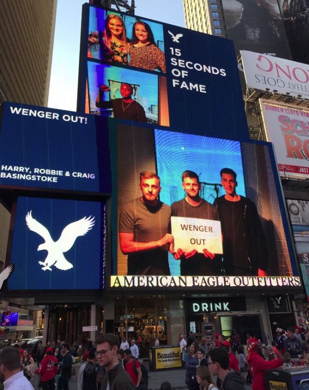 Arsenal fans got their Wenger Out protest on a big screen in Time Square earlier this year