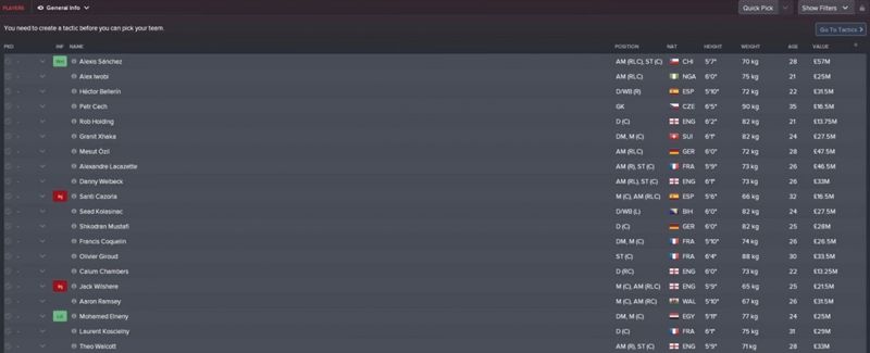 Arsenal squad on FM18