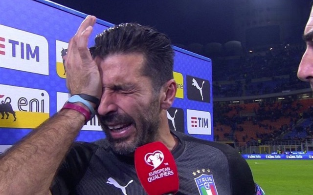 Gianluigi Buffon tries not to cry as he is interviewed after playing his final match for Italy