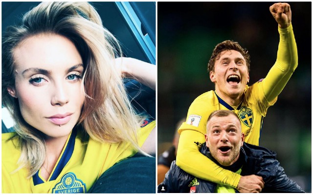 Victor Lindelof and girlfriend Maja Nilsson celebrate Sweden's World Cup qualification