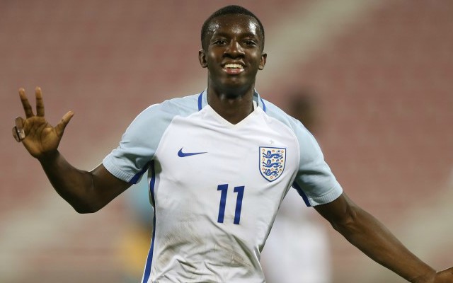 Eddie Nketiah celebrates a goal for England