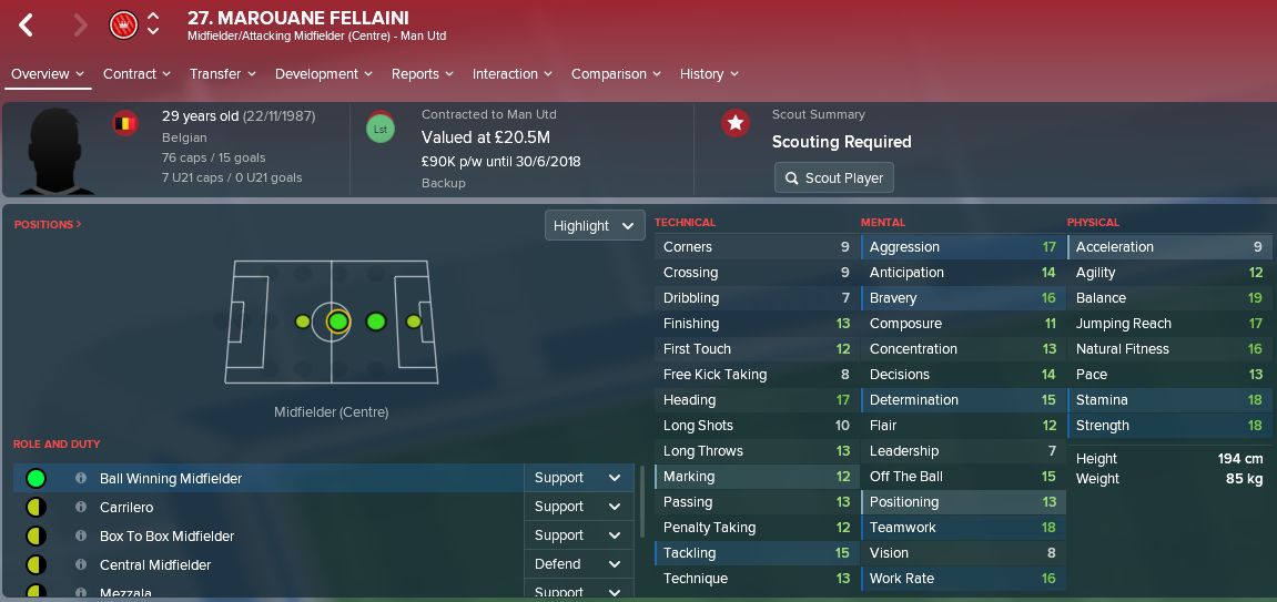 Marouane Fellaini Football Manager 2018 stats