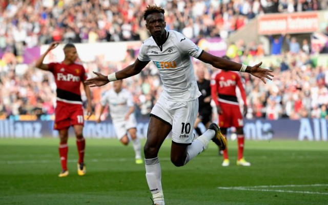 Tammy Abraham celebrates a goal for Swansea. West Brom vs Swansea TV channel