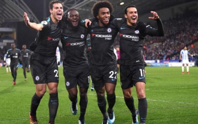 Chelsea players celebrating goal against Huddersfield
