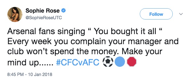 Chelsea fan Sophie Rose sums up hypocritical Arsenal fans in one tweet