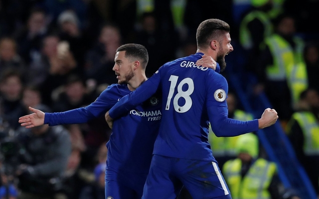 Giroud Hazard celebrate Chelsea goal vs West Brom