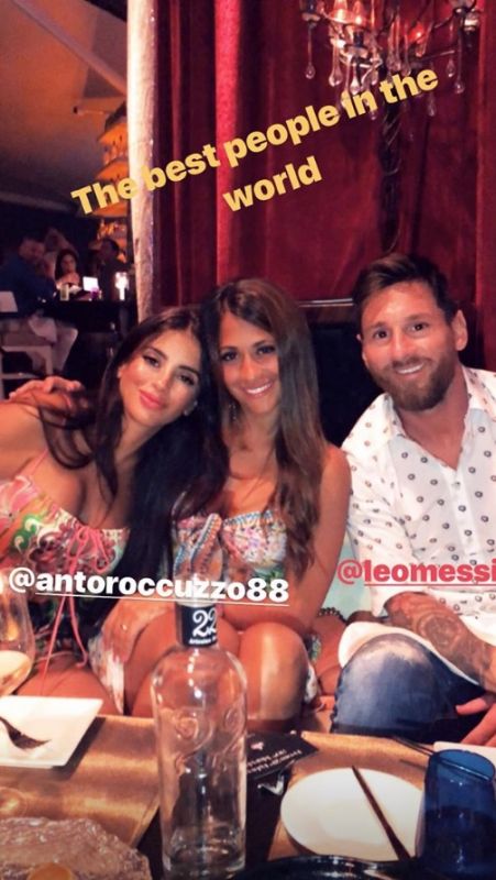 Chelsea WAG Daniella Semaan (left) poses with Lionel Messi with wife Antonella Roccuzzo