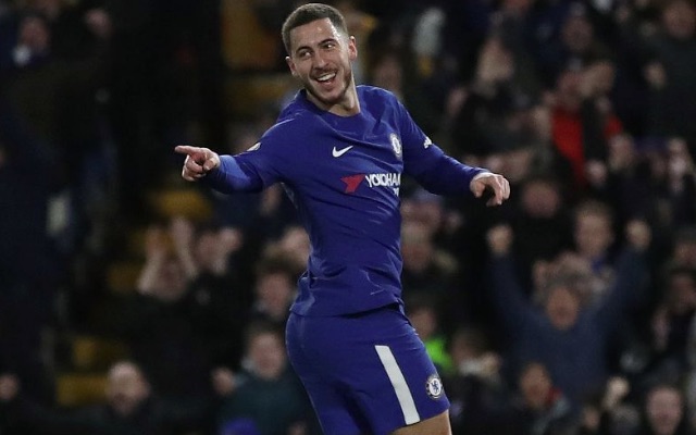 Chelsea star Eden Hazard points during a goal celebration
