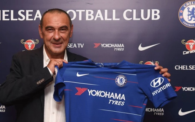 Maurizio Sarri poses with Chelsea shirt