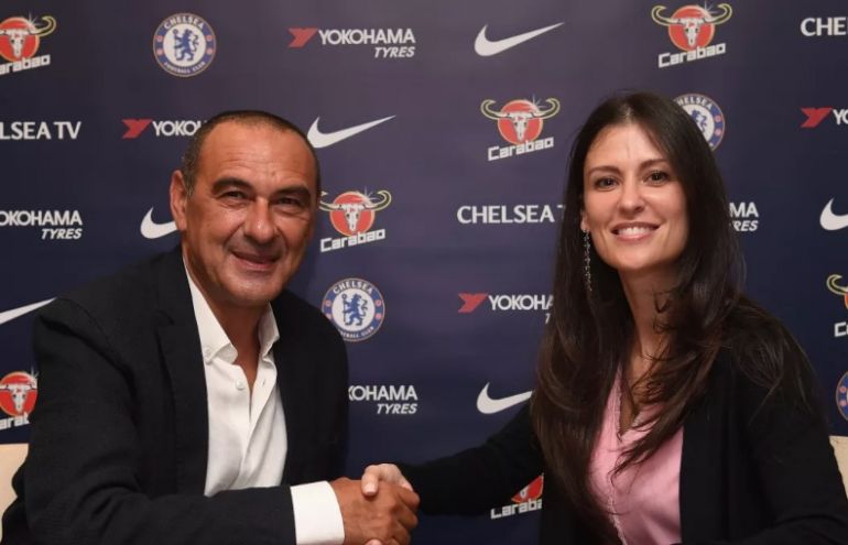 Chelsea boss Maurizio Sarri poses with Marina Granovskaia