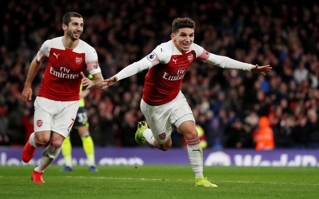 Lucas Torreira celebrates scoring a goal for Arsenal
