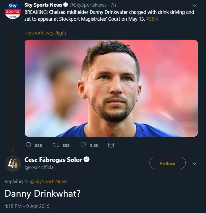 Fabregas tweet to Drinkwater over drink driving